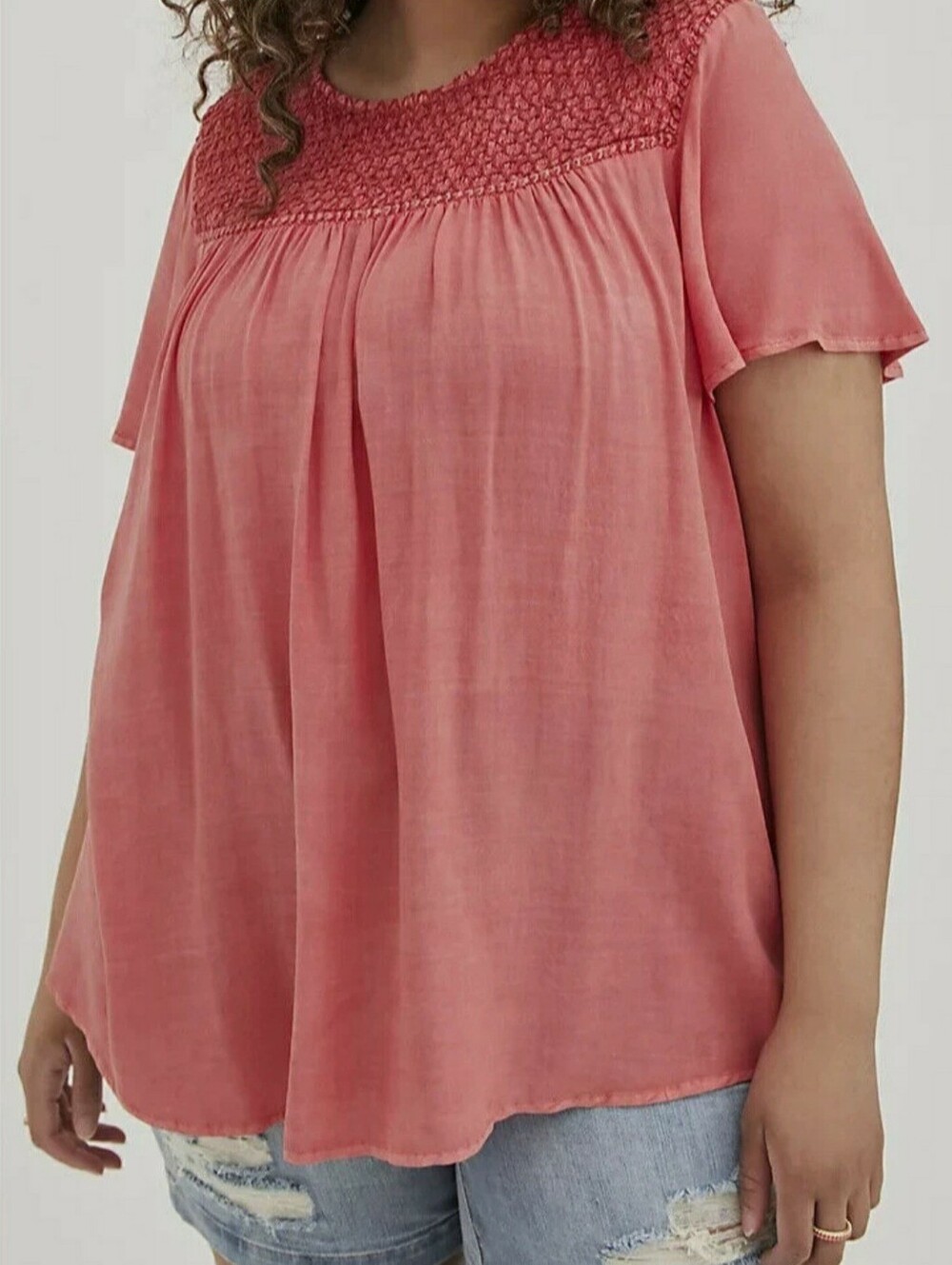 torrid Coral Smocked Yoke Flutter Sleeve Blouse